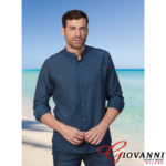 Men’s linen Mao-collar shirt in indigo blue