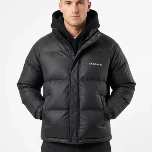 Minimalist Men’s Puffer Jacket with Hood and High Collar
