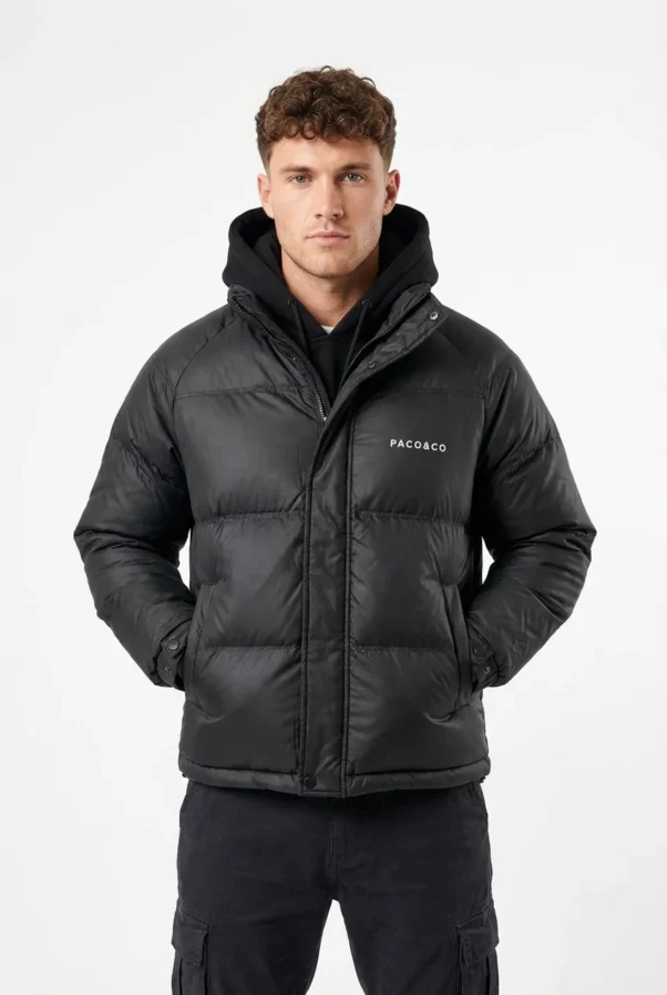 Minimalist Men’s Puffer Jacket with Hood and High Collar