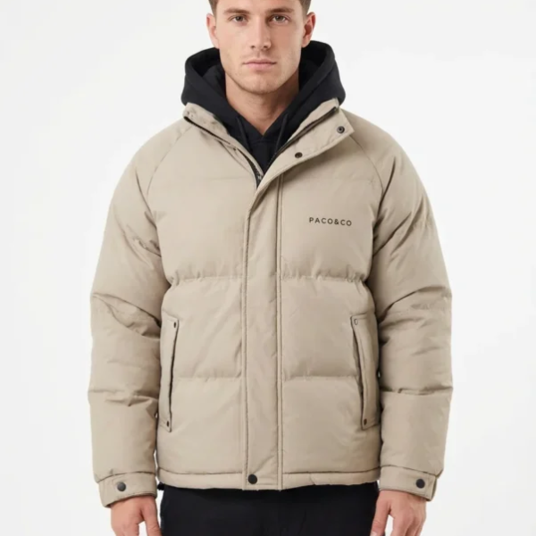 Minimalist Men’s Puffer Jacket with Hood and High Collar